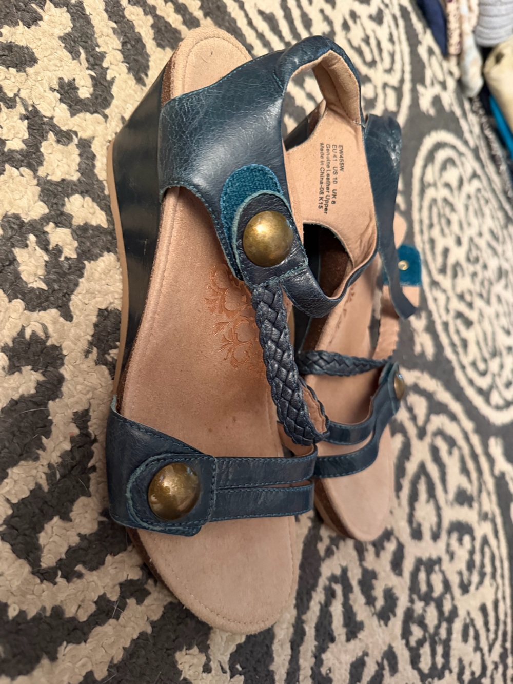 Aetrex Navy Braided Leather Thong Sandals with Brass Studs